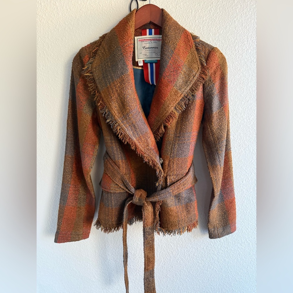 Anthropologie Cartonnier Sophie Fringe Plaid Wrap Tweed Blazer Size US 2